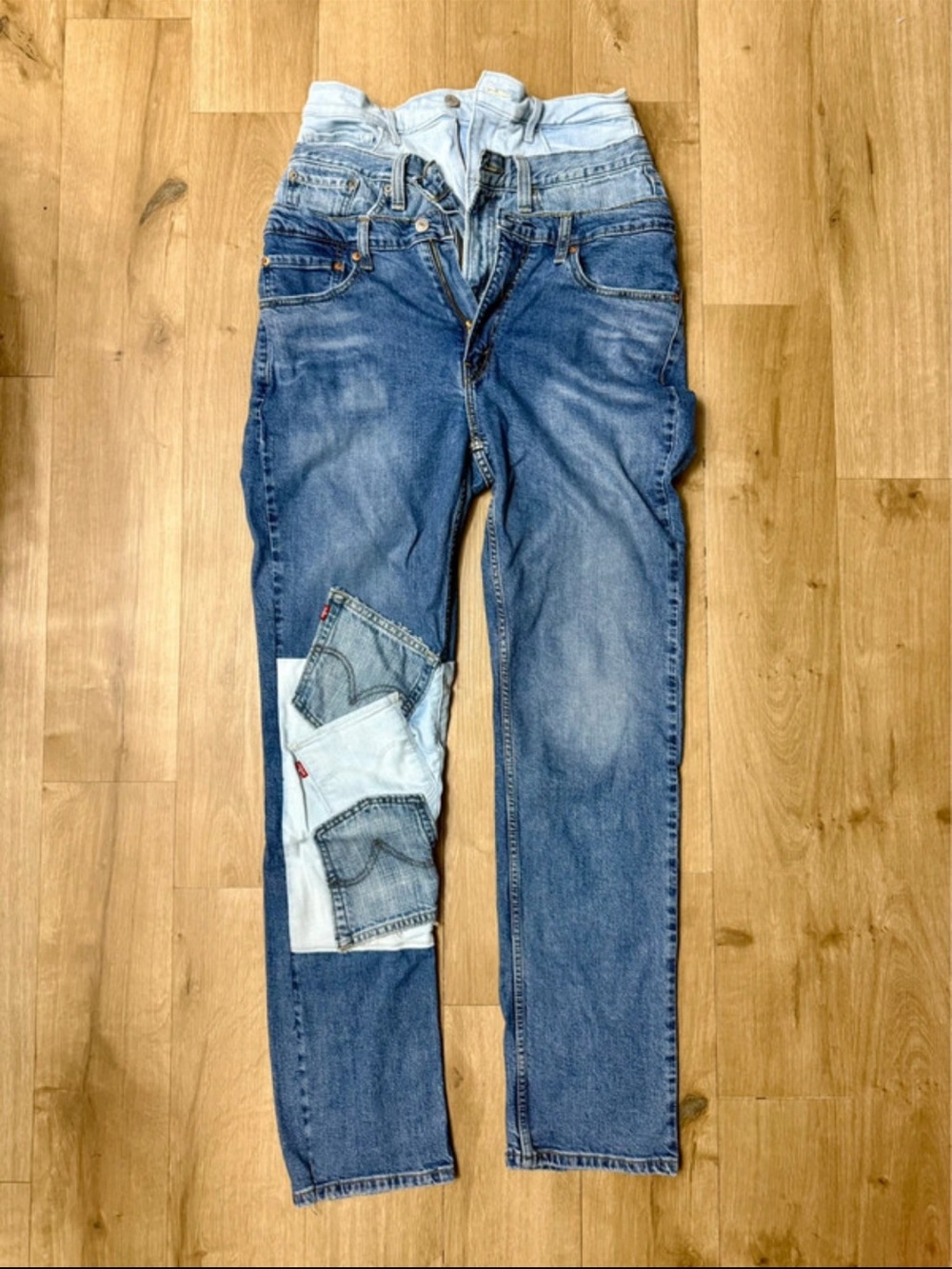 Layered Waist Blue Denim Jeans with Patch Detail